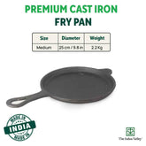 Pre-Seasoned Black Cast Iron Shallow Fry Pan With Long Loop Handle - Medium, 25 Cm, 9.8 Inch, 2.2 Kg | Induction Friendly, Nonstick Fry Pan, 100% Pure & Toxin Free, No Chemical Coating